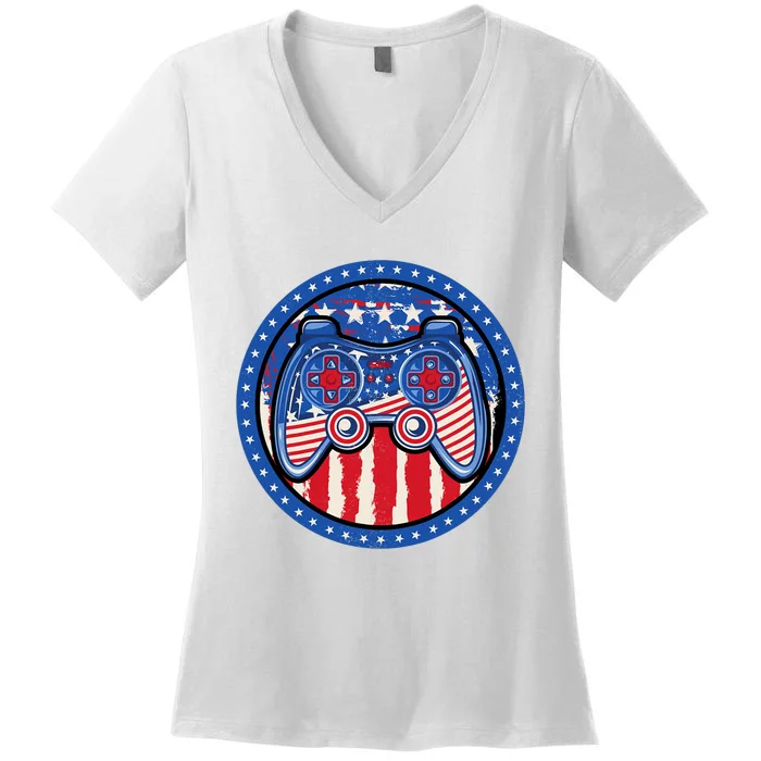 Gamer 4th of July American Flag Video Game Controller Women's V-Neck T-Shirt