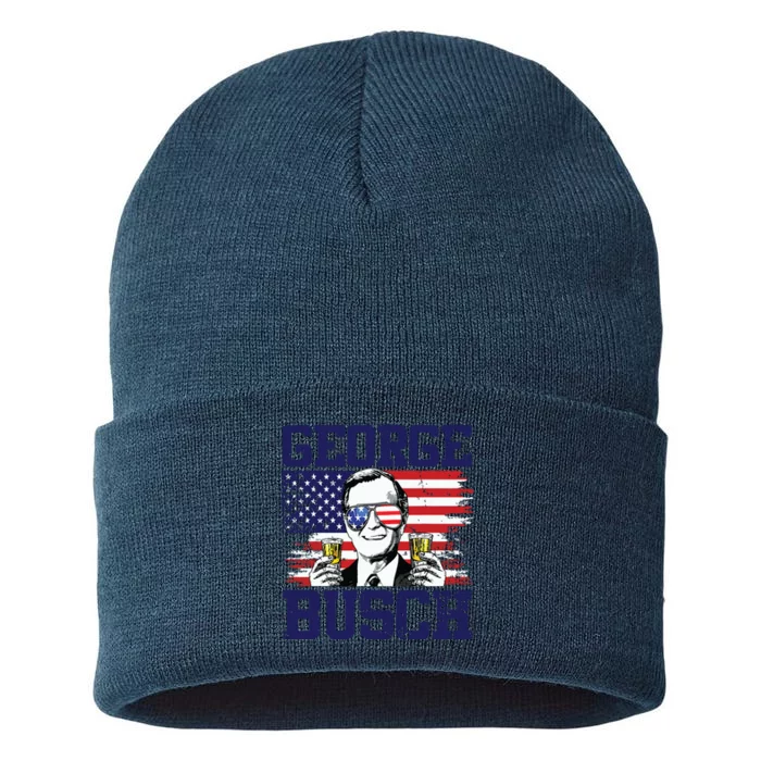 George 43rd President Drinking Beer Party Usa Flag July 4th Sustainable Knit Beanie