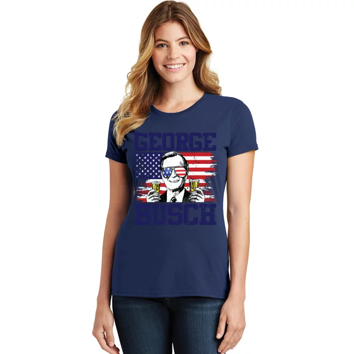 George 43rd President Drinking Beer Party Usa Flag July 4th Women's T-Shirt