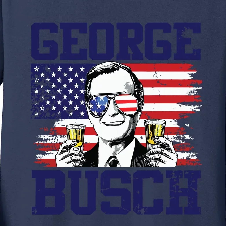 George 43rd President Drinking Beer Party Usa Flag July 4th Kids Long Sleeve Shirt