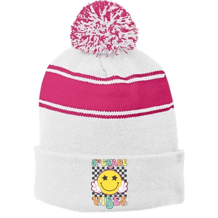 Girl 5th Grade Vibes Smile Face Back To School Fifth Grade Stripe Pom Pom Beanie