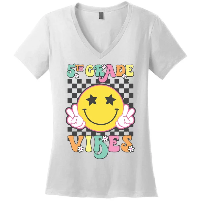 Girl 5th Grade Vibes Smile Face Back To School Fifth Grade Women's V-Neck T-Shirt