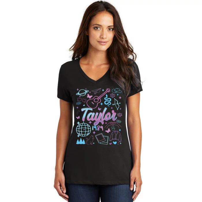 Groovy 80S Taylor First Name Personalized Birthday Girl Women's V-Neck T-Shirt