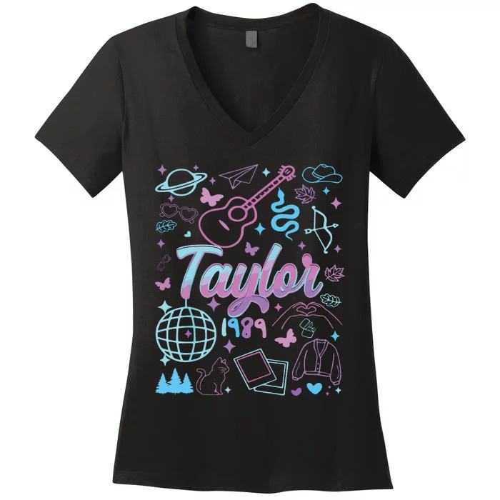 Groovy 80S Taylor First Name Personalized Birthday Girl Women's V-Neck T-Shirt