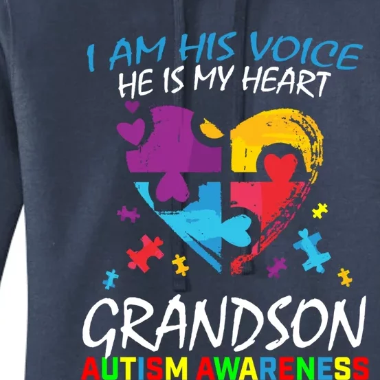 Grandson Autism Awareness I Am His Voice Heart Puzzle Piece Meaningful Gift Women's Pullover Hoodie