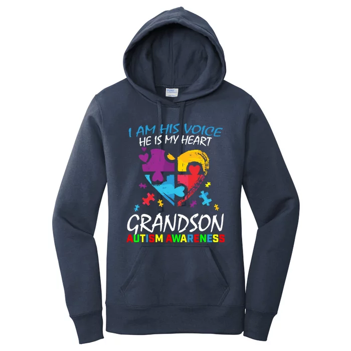 Grandson Autism Awareness I Am His Voice Heart Puzzle Piece Meaningful Gift Women's Pullover Hoodie