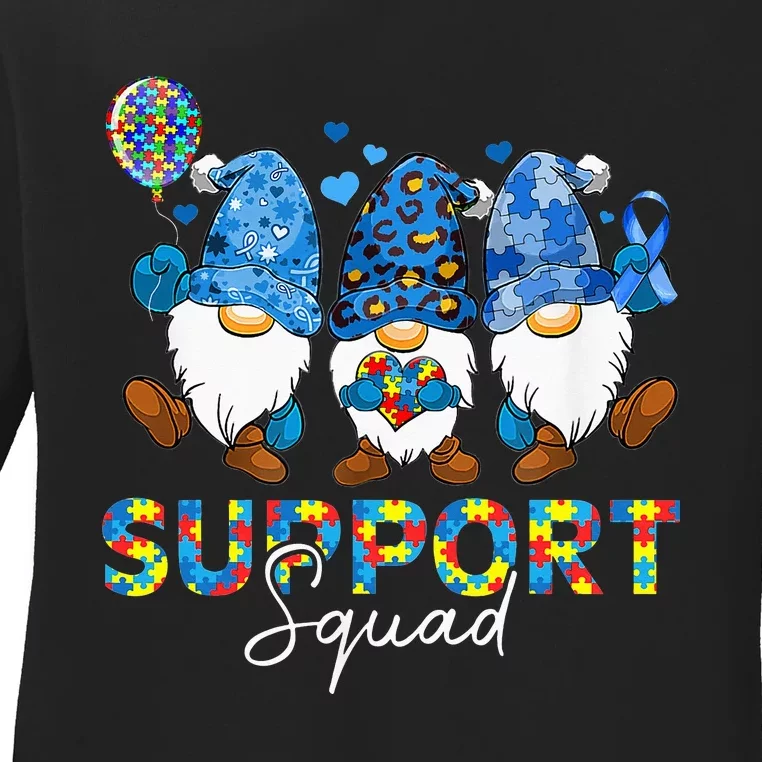 Gnomes Autism Awareness Support Squad Blue Ribbon Ladies Long Sleeve Shirt