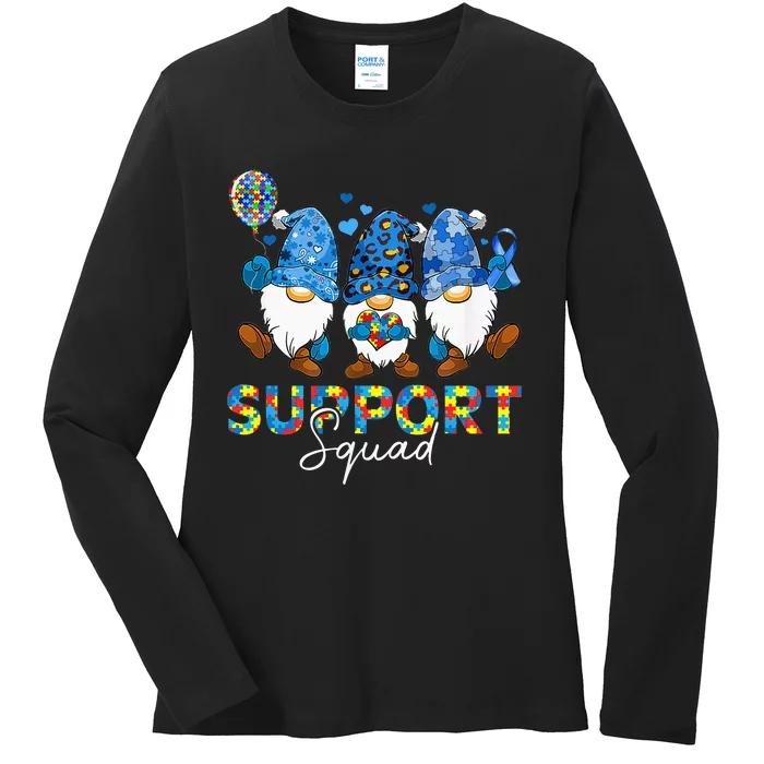 Gnomes Autism Awareness Support Squad Blue Ribbon Ladies Long Sleeve Shirt