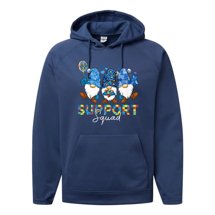 Gnomes Autism Awareness Support Squad Blue Ribbon Performance Fleece Hoodie