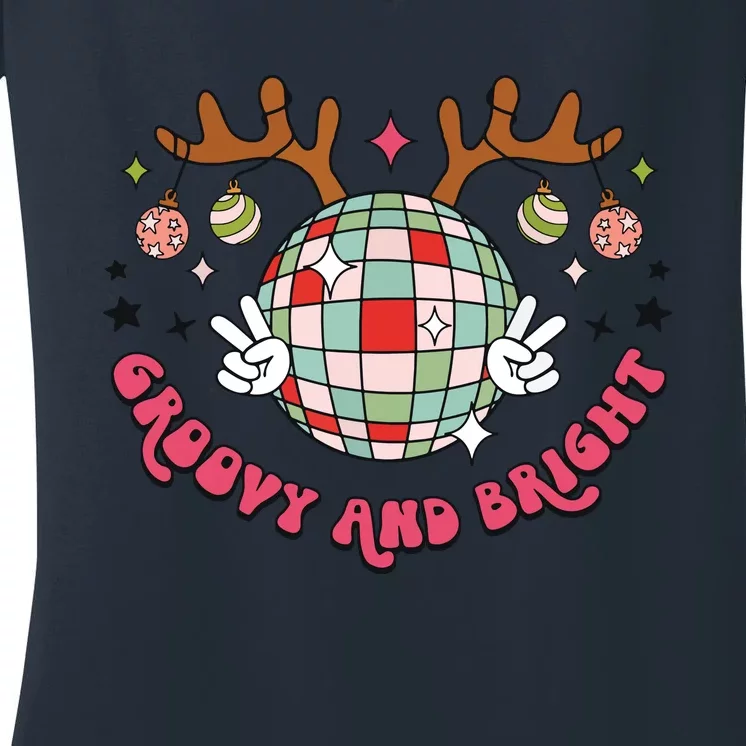 Groovy And Bright Merry Christmas Disco Ball Reindeer Women's V-Neck T-Shirt