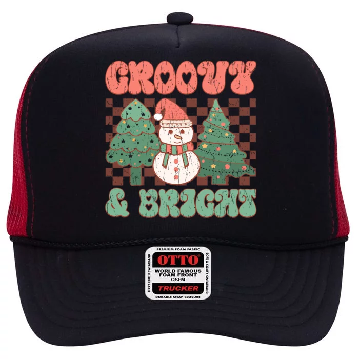 Groovy And Bright Snowman Christmas Tree High Crown Mesh Trucker Hat