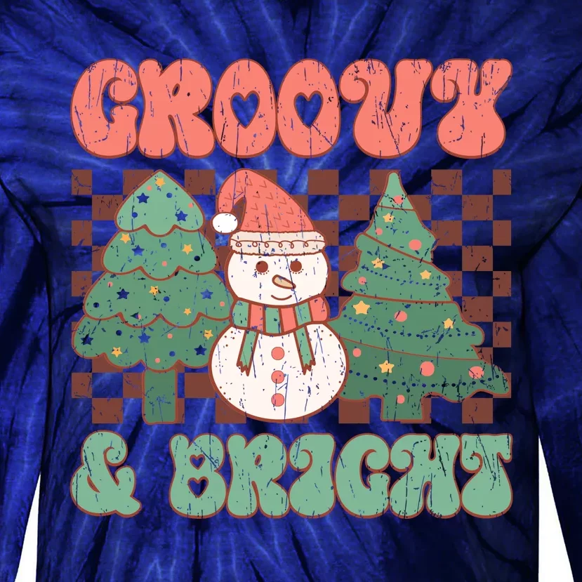 Groovy And Bright Snowman Christmas Tree Tie-Dye Long Sleeve Shirt