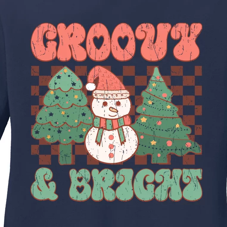 Groovy And Bright Snowman Christmas Tree Ladies Long Sleeve Shirt