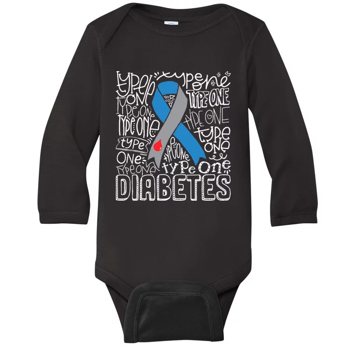 Grey And Blue Ribbon Typography Type 1 Diabetes Awareness Baby Long Sleeve Bodysuit