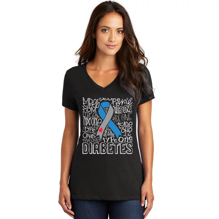 Grey And Blue Ribbon Typography Type 1 Diabetes Awareness Women's V-Neck T-Shirt