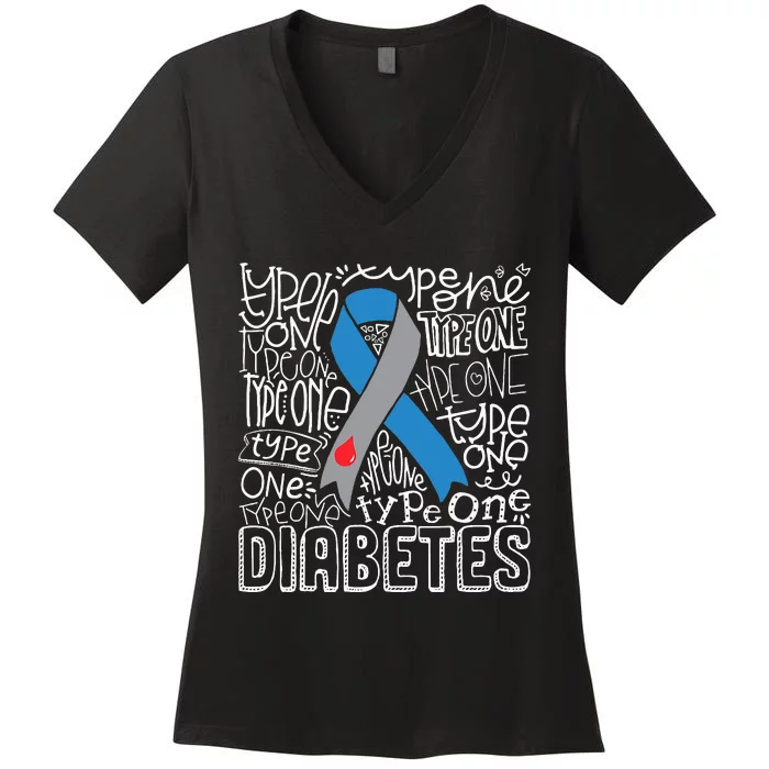 Grey And Blue Ribbon Typography Type 1 Diabetes Awareness Women's V-Neck T-Shirt