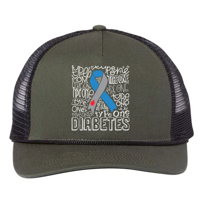 Grey And Blue Ribbon Typography Type 1 Diabetes Awareness Retro Rope Trucker Hat Cap