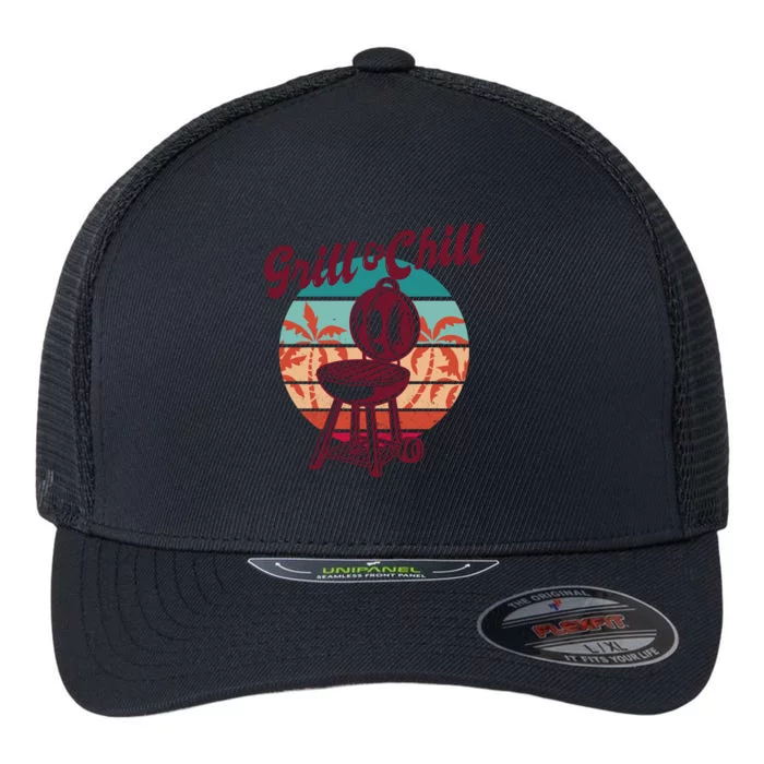 Grill And Chill Vacation Retro Sunset Flexfit Unipanel Trucker Cap