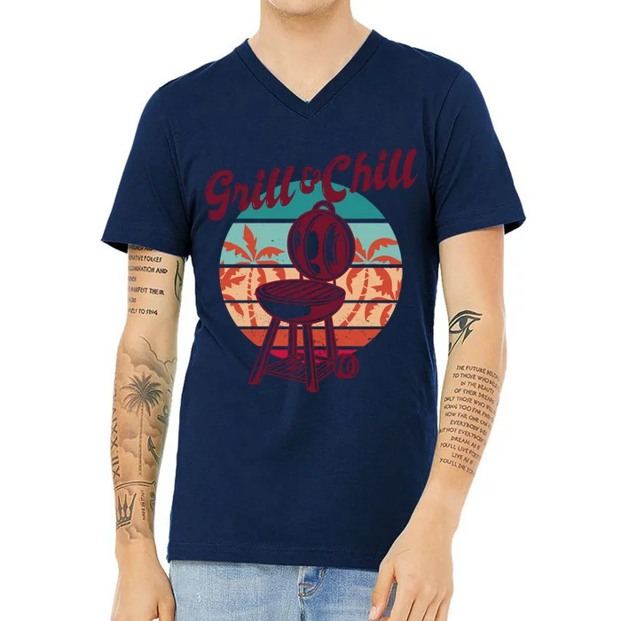 Grill And Chill Vacation Retro Sunset V-Neck T-Shirt