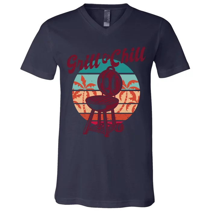 Grill And Chill Vacation Retro Sunset V-Neck T-Shirt