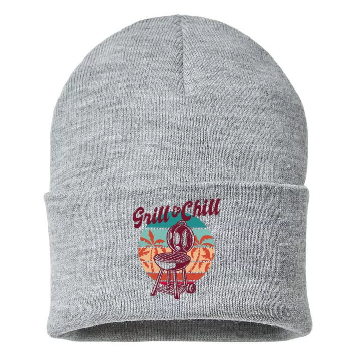 Grill And Chill Vacation Retro Sunset Sustainable Knit Beanie