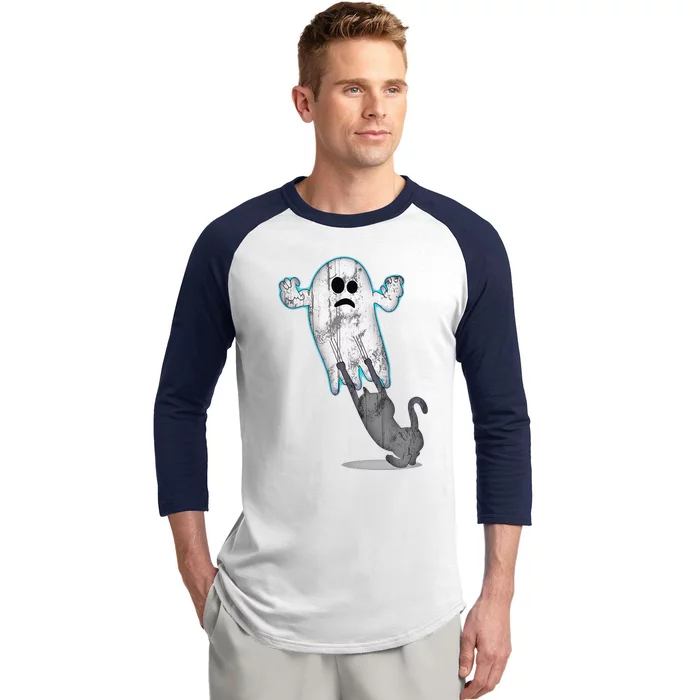 Ghost And Cat Funny Halloween Costume Baseball Sleeve Shirt