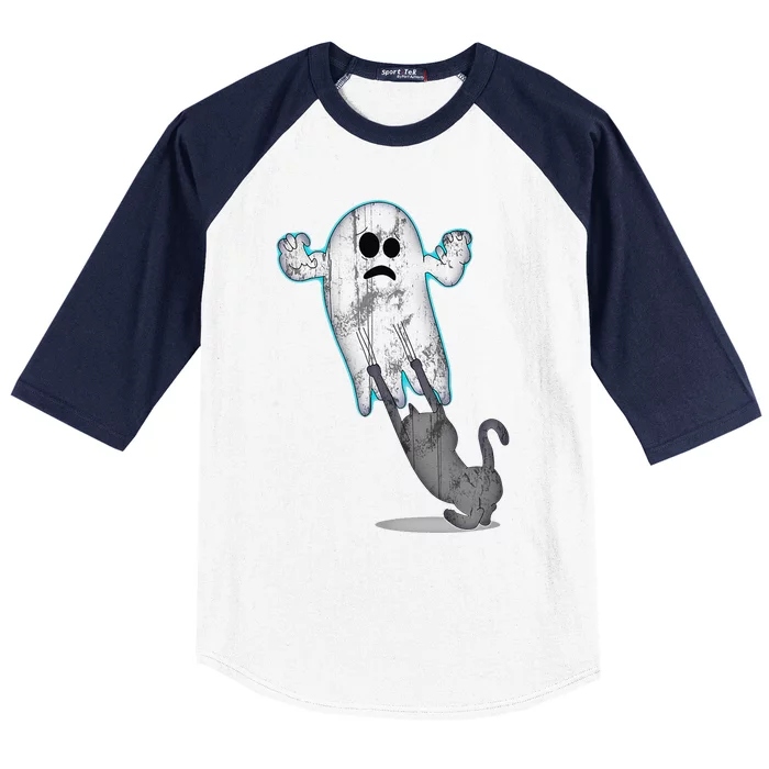 Ghost And Cat Funny Halloween Costume Baseball Sleeve Shirt