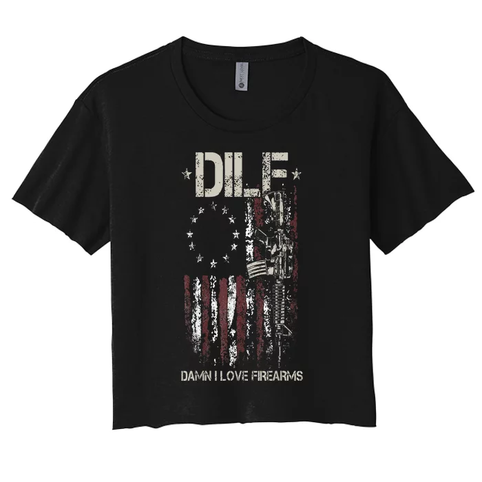 Gun American Flag DILF Damn I Love Firearms Women's Crop Top Tee