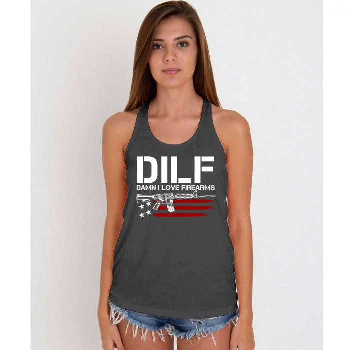 Gun American Flag DILF Damn I Love Firearms US Flag Women's Knotted Racerback Tank