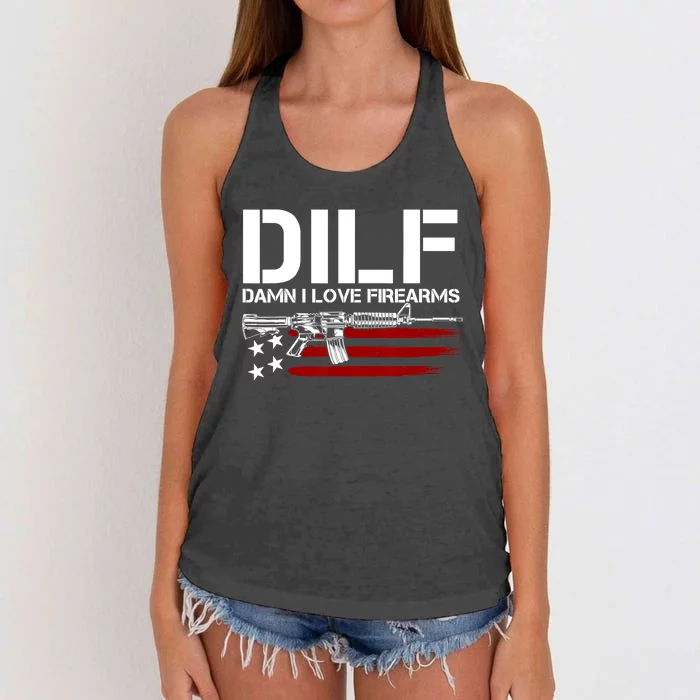 Gun American Flag DILF Damn I Love Firearms US Flag Women's Knotted Racerback Tank