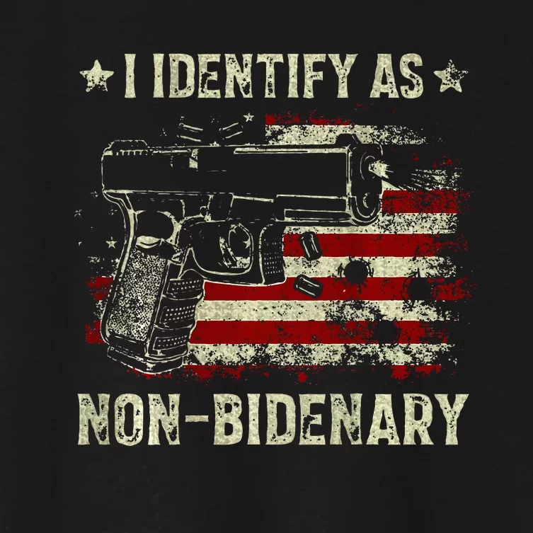 Gun American Flag Funny I Identify As NonBidenary Women's Crop Top Tee