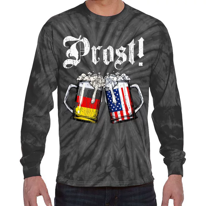 German American Flag Prost Beer Oktoberfest Tie-Dye Long Sleeve Shirt