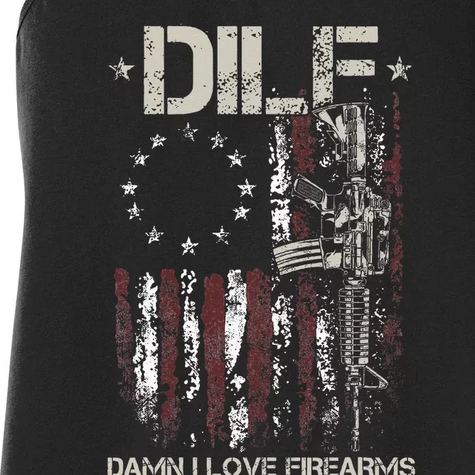 Gun American Flag DILF Damn I Love Firearms Women's Racerback Tank