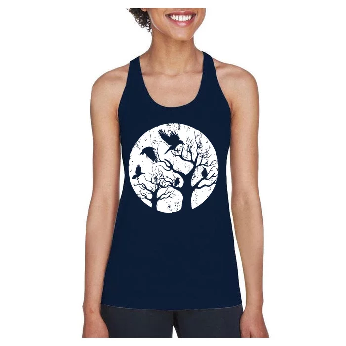 Gothic Animal Forest Bird Raven Creepy Night Moonlight Crow Women's Racerback Tank