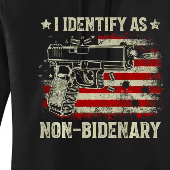 Gun American Flag I Identify As Nonbidenary Women's Pullover Hoodie