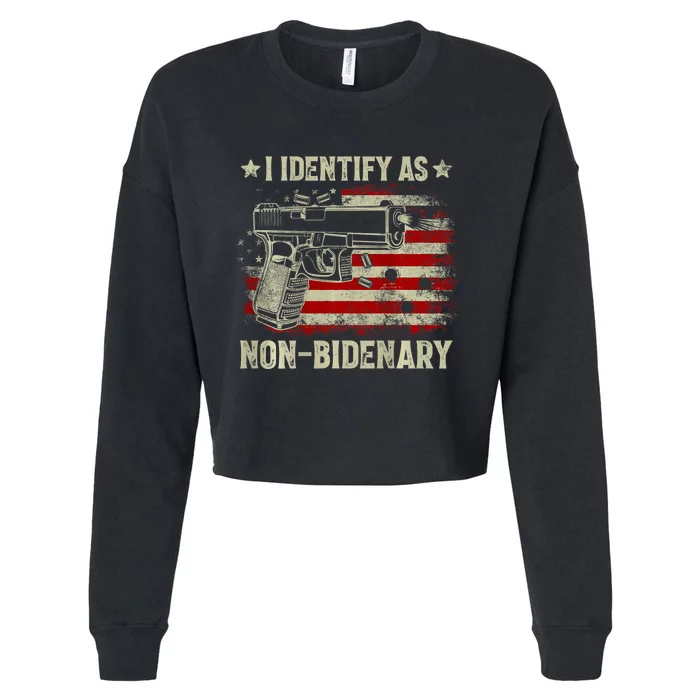 Gun American Flag I Identify As Nonbidenary Cropped Pullover Crew