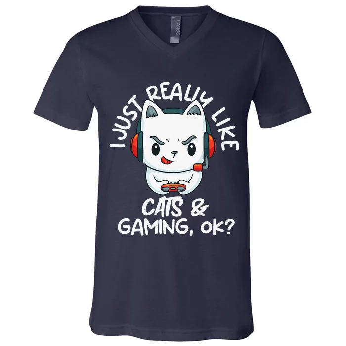 Gamer And Funny Cats Lover Video Games Cat Gaming V-Neck T-Shirt