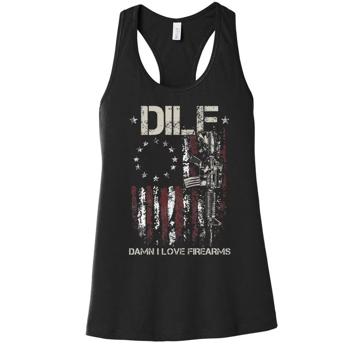 Gun American Flag DILF Damn I Love Firearms Women's Racerback Tank