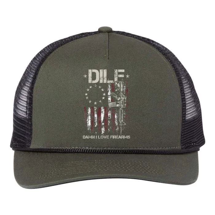 Gun American Flag DILF Damn I Love Firearms Retro Rope Trucker Hat Cap