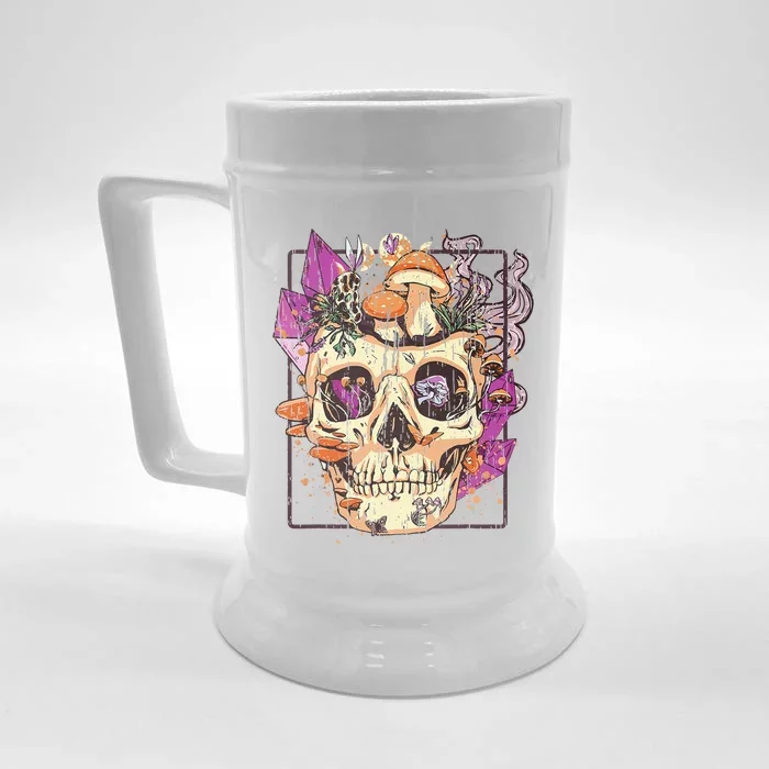 Goblincore Aesthetic. Grunge Moon Crystals Mushrooms Skull Front & Back Beer Stein