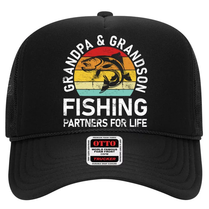 Grandpa And Grandson Fishing Partners For Life Fisherman High Crown Mesh Trucker Hat