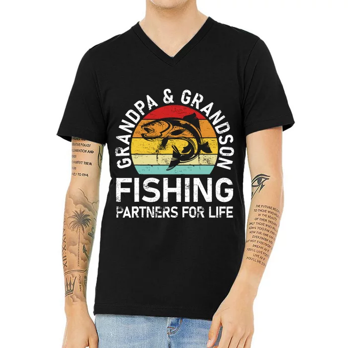 Grandpa And Grandson Fishing Partners For Life Fisherman V-Neck T-Shirt