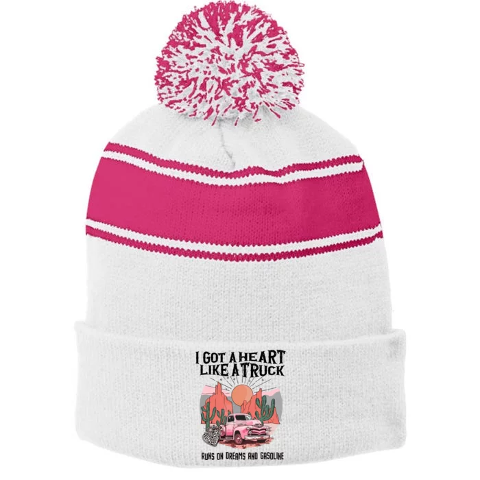 Got A Heart Like A Truck Country Stripe Pom Pom Beanie