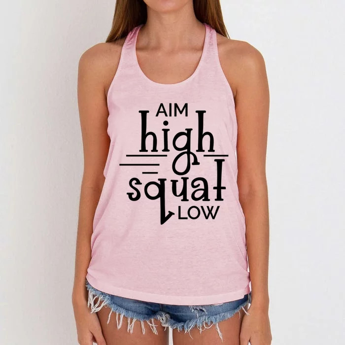 Gym Aim High Squat Low Workout Quote Personal Trainer Funny Gift Women's Knotted Racerback Tank