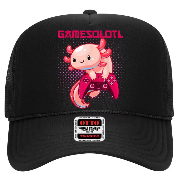 Gamer Axolotl Lover Cute Axolotl Gaming Video Gamer Gifts High Crown Mesh Trucker Hat