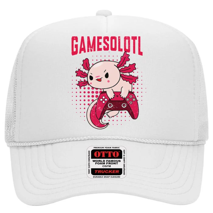 Gamer Axolotl Lover Cute Axolotl Gaming Retro Video Gamer High Crown Mesh Trucker Hat