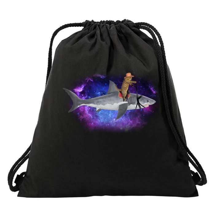 Galaxy Cat Riding Shark Drawstring Bag