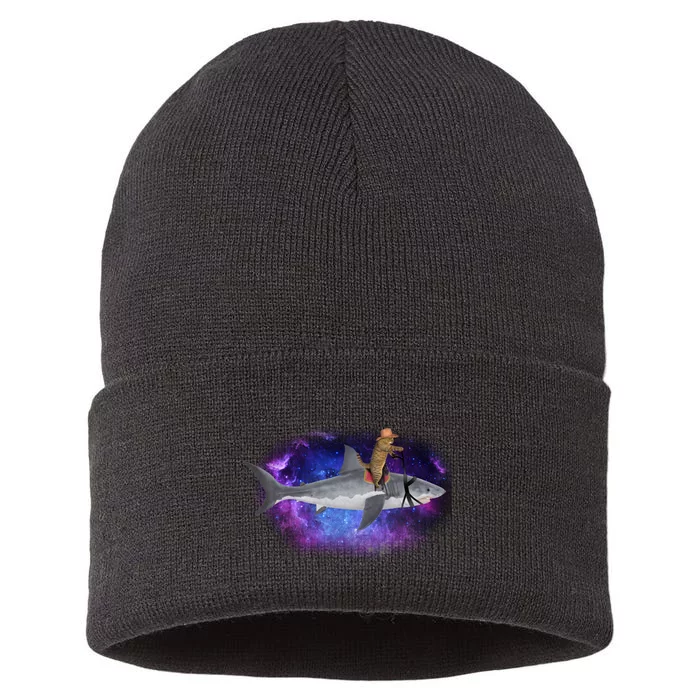 Galaxy Cat Riding Shark Sustainable Knit Beanie