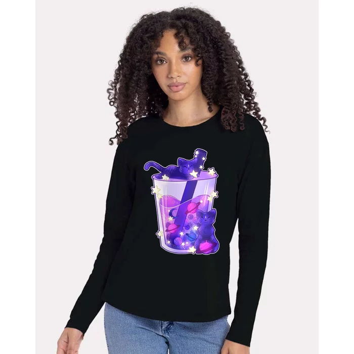 Galaxy Cats Boba Tea Womens Cotton Relaxed Long Sleeve T-Shirt