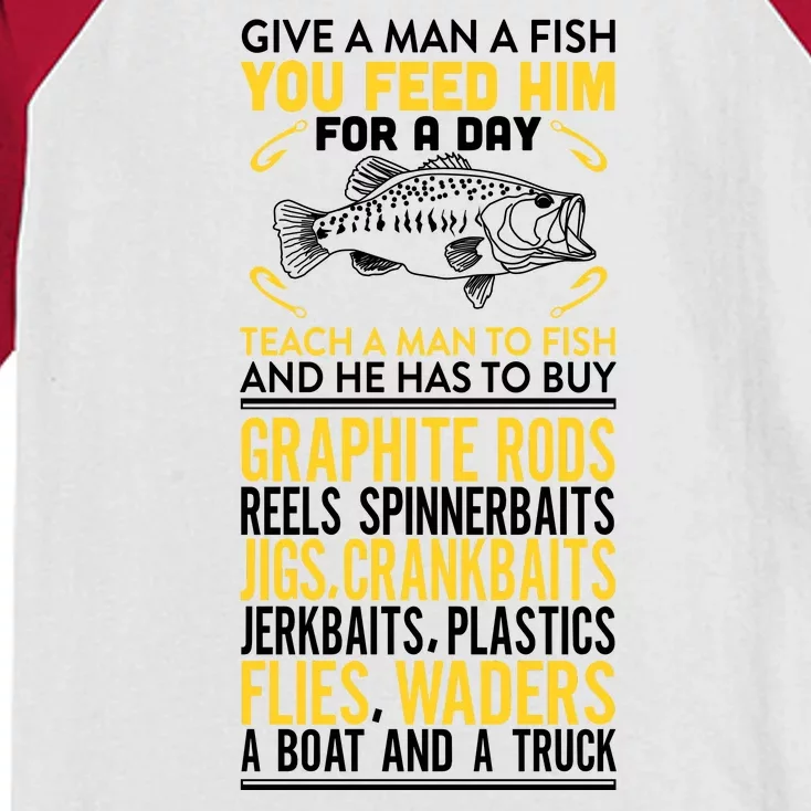 Give A Man A Fish You Feed Him For A Day Teach Him To Fish Funny Kids Colorblock Raglan Jersey